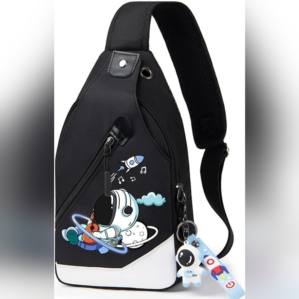 New! Astronaut With Guitar Rocket Black Sling Bag Backpack Kids Cartoon Fun